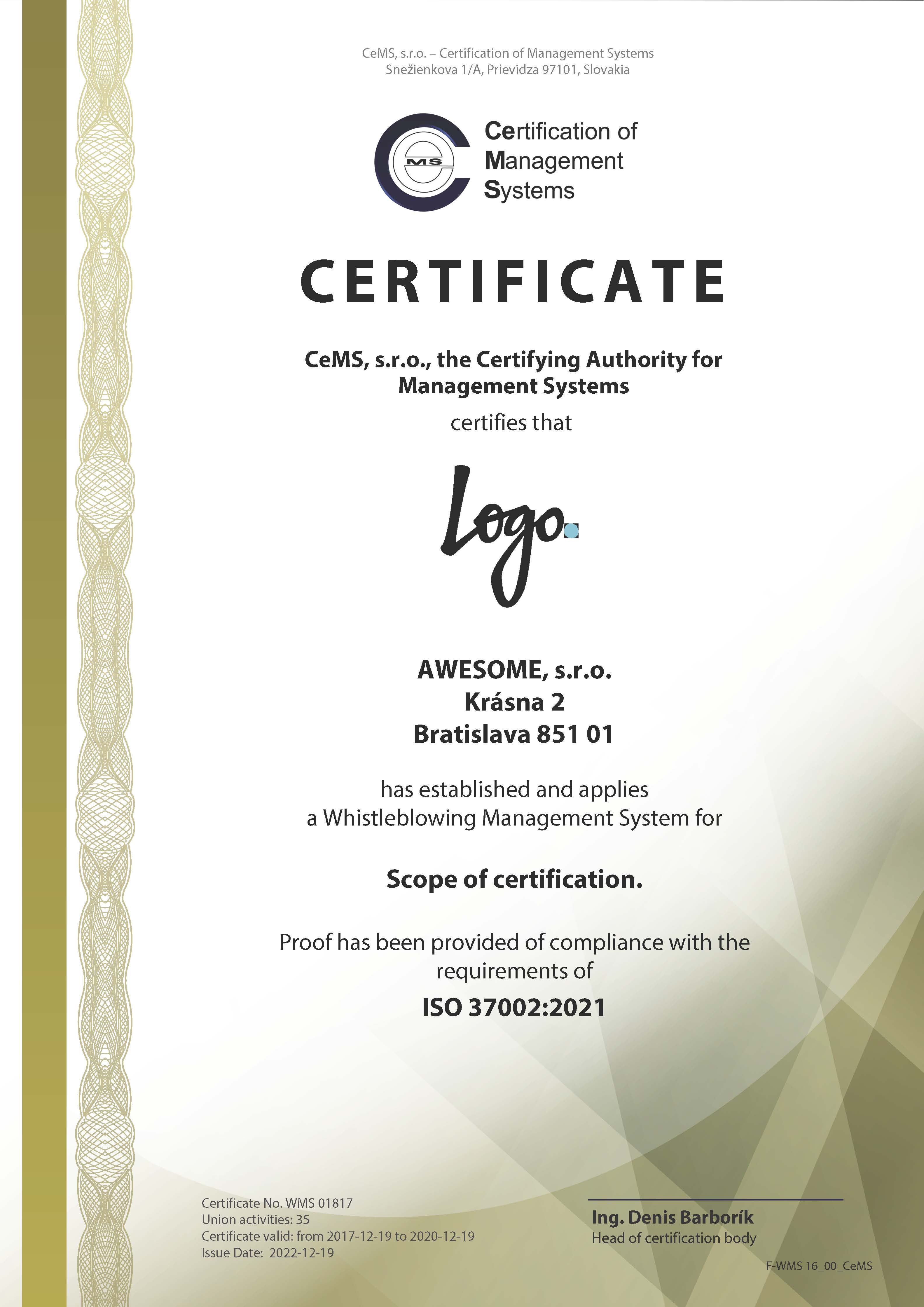 Certificate ISO 37002 by CeMS